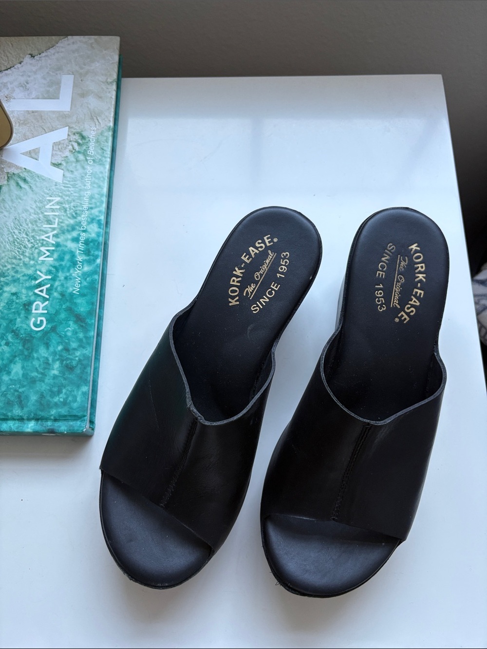 Kork-Ease Black Leather Open-Toe Slide Mules